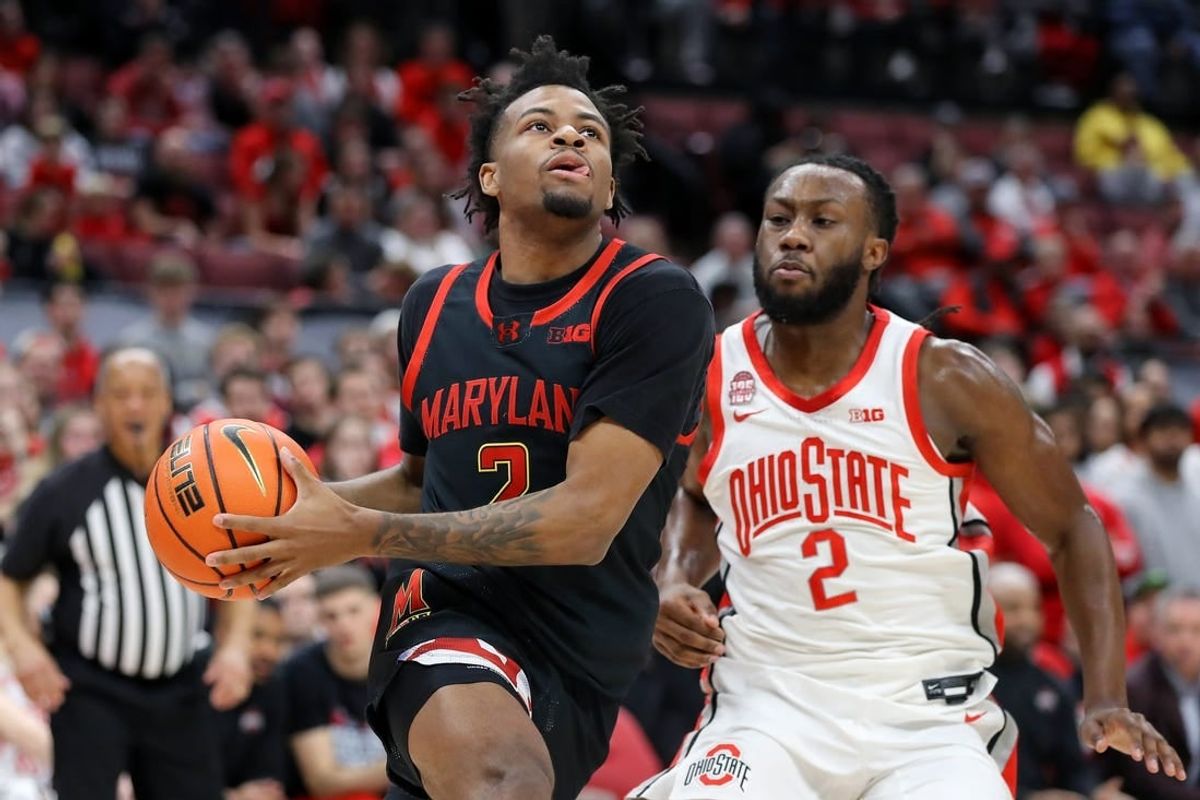Feb 10, 2024; Columbus, Ohio, USA;  Maryland Terrapins guard Jahari Long (2) drives against Ohio State Buckeyes guard Bruce Thornton (2) during the first half at Value City Arena.