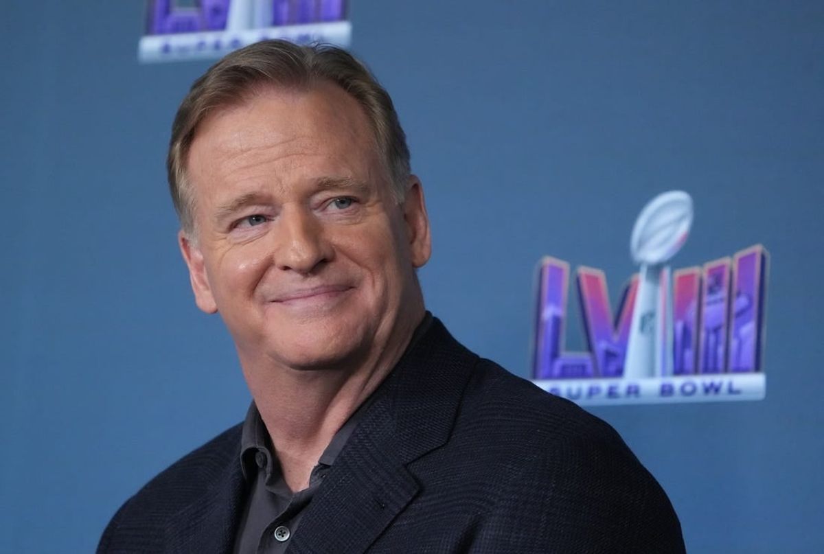Feb 5, 2024; Las Vegas, NV, USA; NFL commissioner Roger Goodell speaks at a press conference in advance of Super Bowl LVIII between the Kansas City Chiefs and San Francisco 49ers at Allegiant Stadium.
