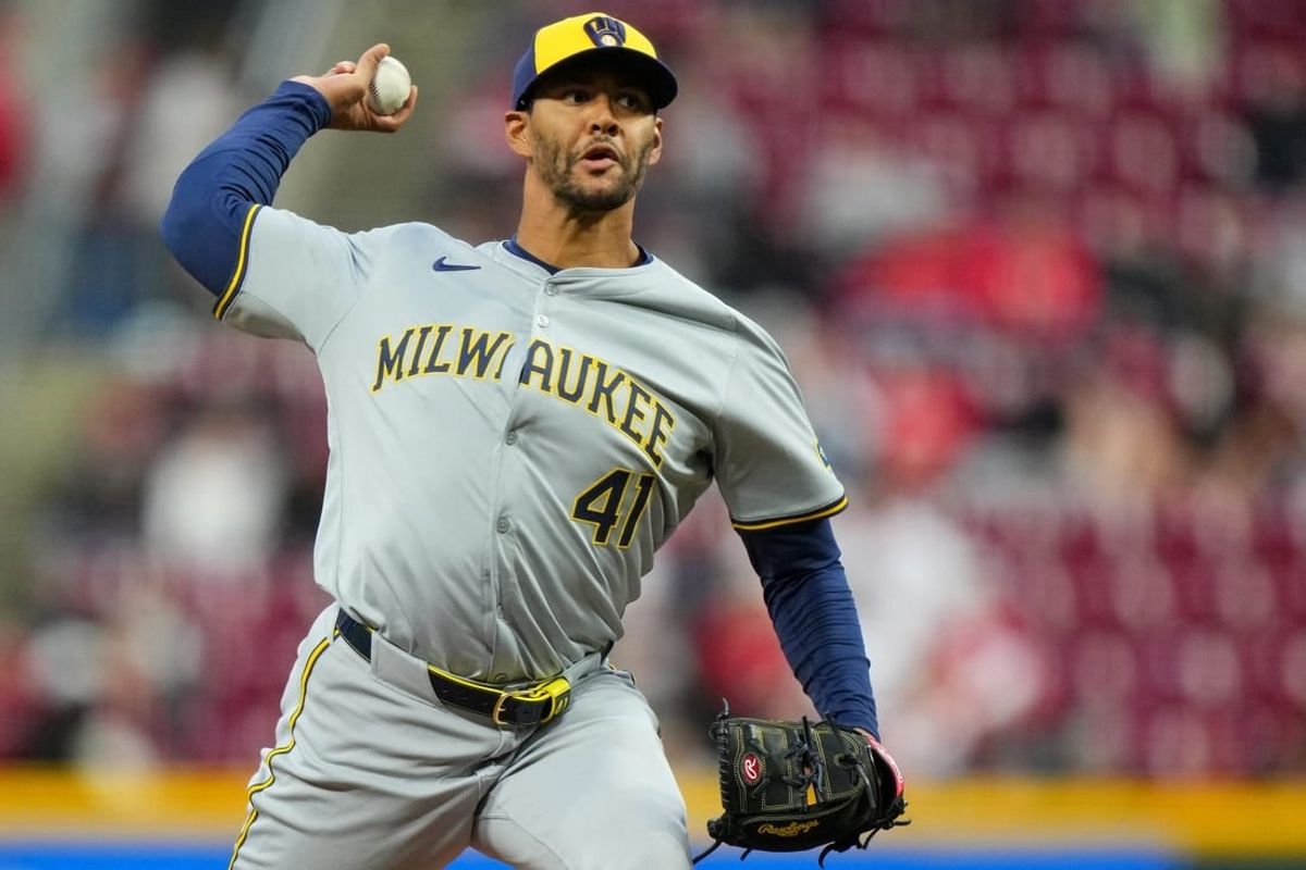 Milwaukee Brewers pitcher Joe Ross (41) delivers a pitch in the first inning of a baseball game against the Cincinnati Reds, Tuesday, April 9, 2024, at Great American Ball Park in Cincinnati.