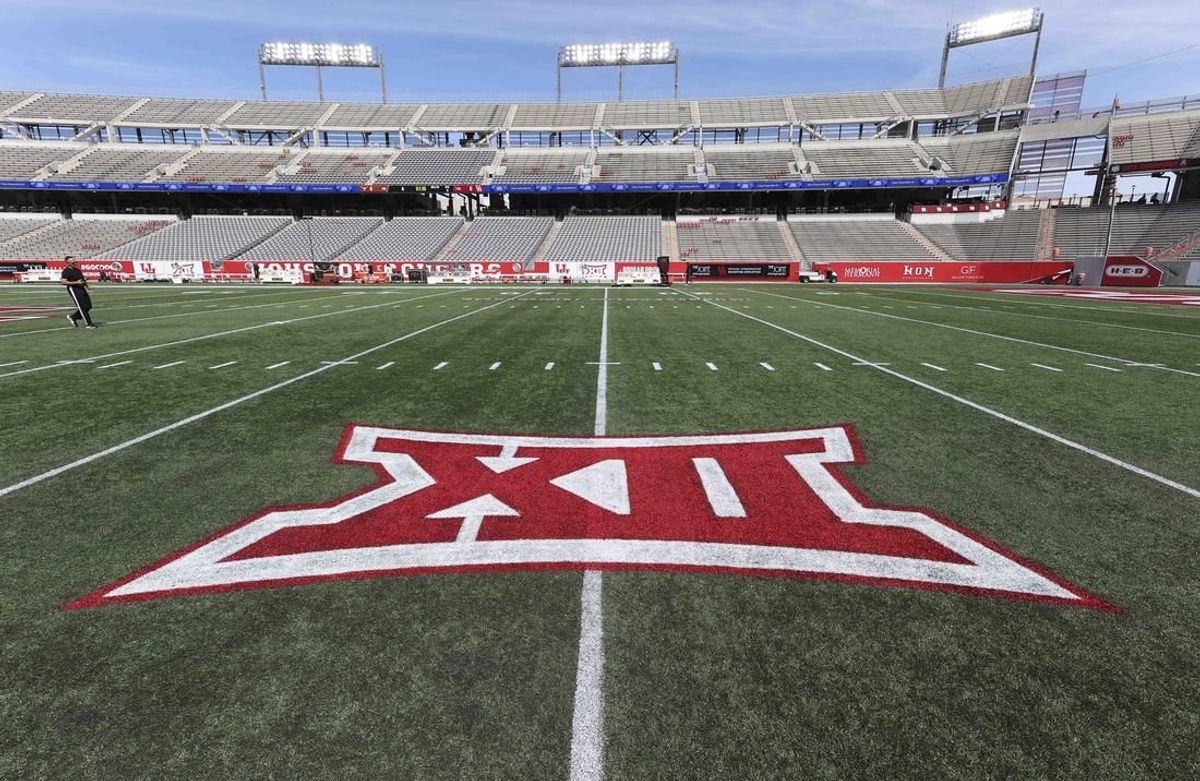 Oct 21, 2023; Houston, Texas, USA;  General view of the Big 12 logo on the field at TDECU Stadium before the game between the Houston Cougars and the Texas Longhorns.