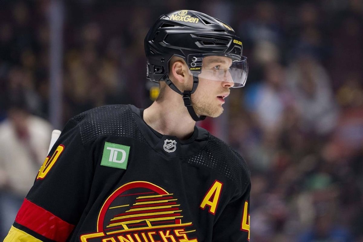 Feb 29, 2024; Vancouver, British Columbia, CAN; Vancouver Canucks forward Elias Pettersson (40) during a stop in play against the Los Angeles Kings in the first period at Rogers Arena.
