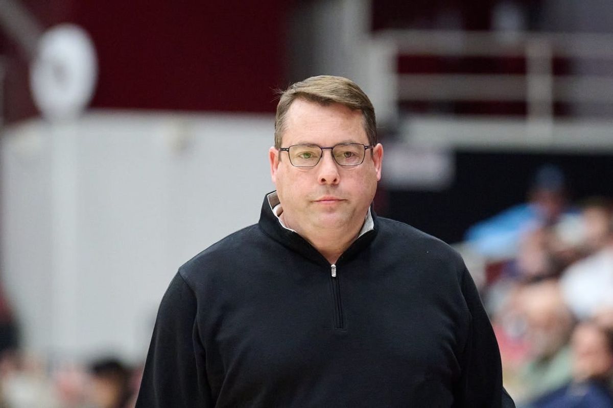 Dec 3, 2023; Stanford, California, USA; Stanford Cardinal head coach Jerod Haase watches the game against the San Diego Toreros during the second half at Maples Pavilion.