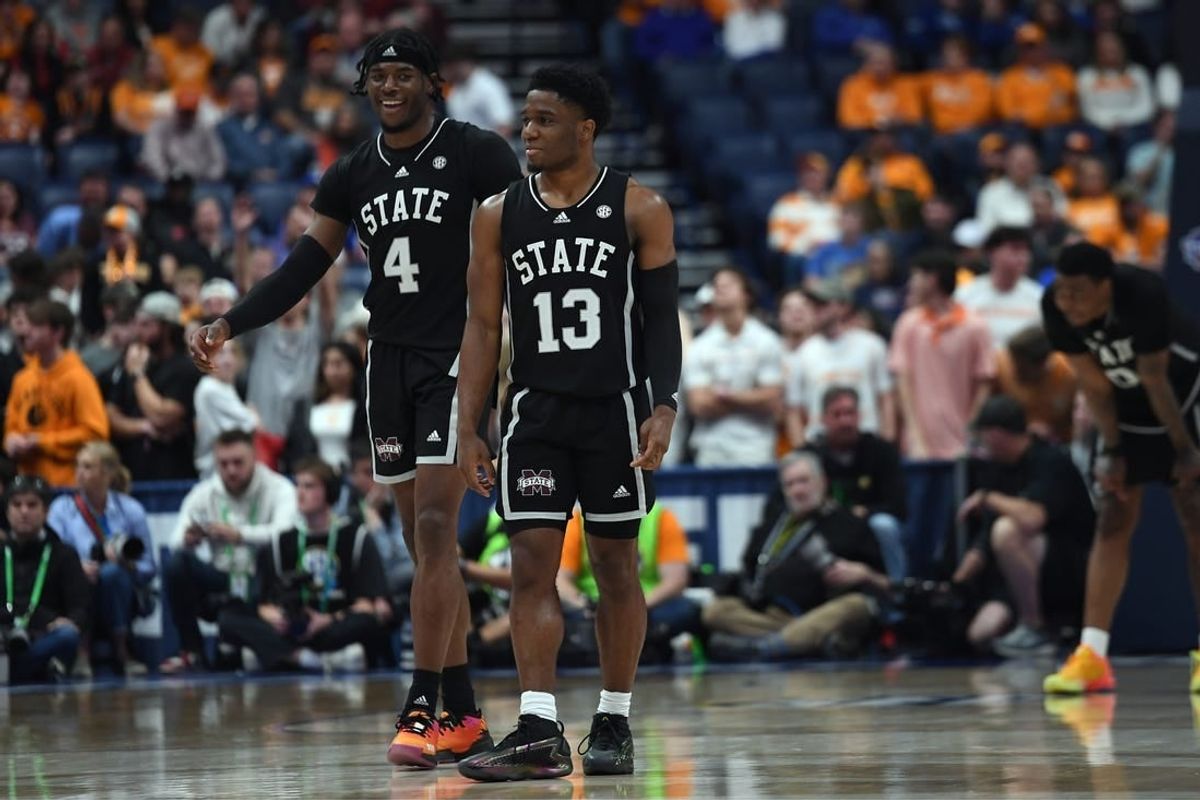 Mar 15, 2024; Nashville, TN, USA; Mississippi State Bulldogs forward Cameron Matthews (4) and guard Josh Hubbard (13) celebrate late in the second half of a win against the Tennessee Volunteers at Bridgestone Arena.