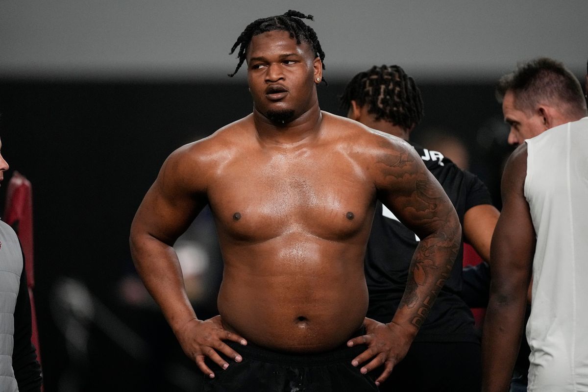 Defensive lineman Jalen Carter stands after running football drills during Georgia’s Pro Day.