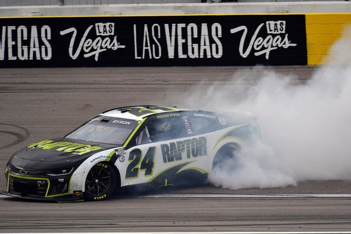 Mar 5, 2023; Las Vegas, Nevada, USA; NASCAR Cup Series driver William Byron (24) celebrates his victory of the Pennzoil 400 at Las Vegas Motor Speedway.