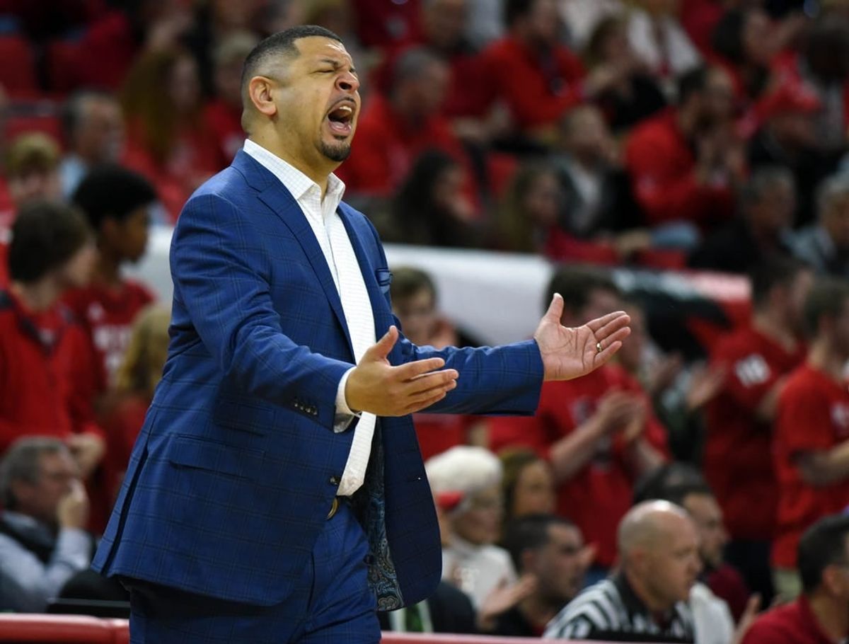 Feb 29, 2020; Raleigh, North Carolina, USA; Pitt Panthers head coach Jeff Capel reacts during the first half against the North Carolina State Wolfpack at PNC Arena.