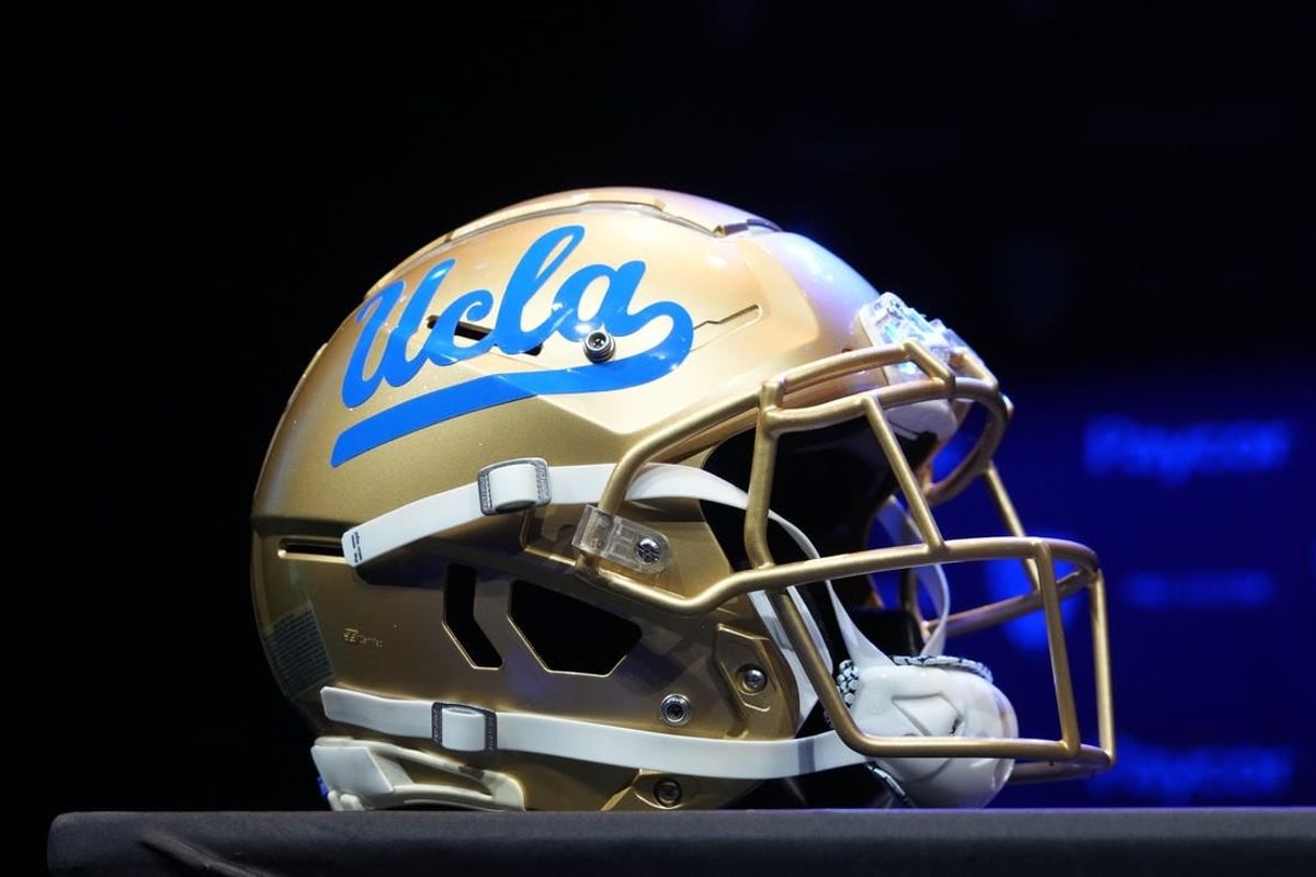 Jul 29, 2022; Los Angeles, CA, USA; A detailed view of UCLA Bruins helmet during Pac-12 Media Day at Novo Theater.