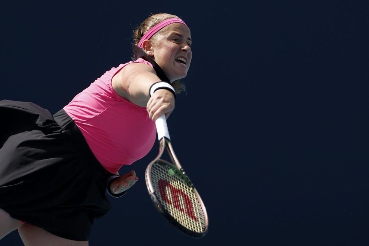 Mar 27, 2023; Miami, Florida, US; Jelena Ostapenko (LAT) serves against Martina Trevisan (ITA) (not pictured) on day eight of the Miami Open at Hard Rock Stadium.