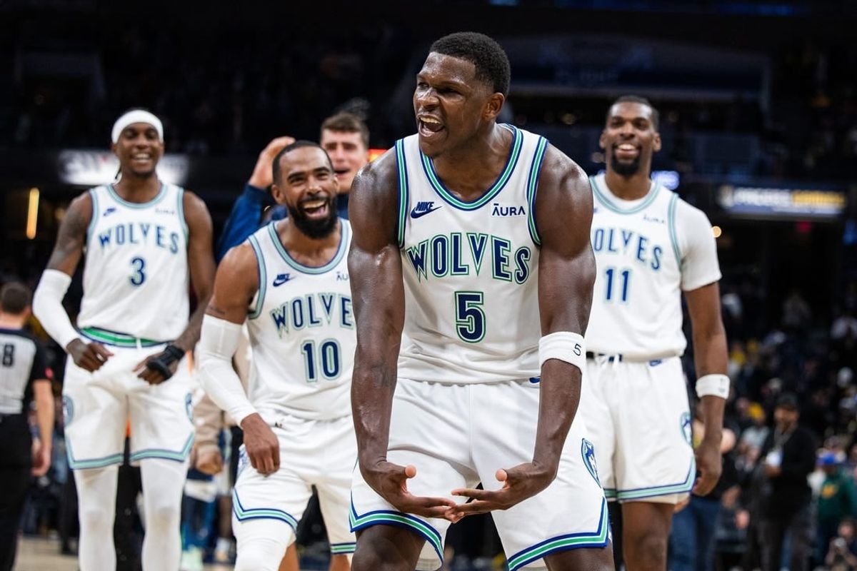 Mar 7, 2024; Indianapolis, Indiana, USA; Minnesota Timberwolves guard Anthony Edwards (5) celebrates the win over Indiana Pacers at Gainbridge Fieldhouse.
