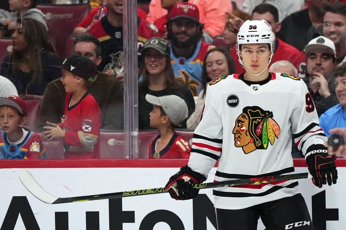 Nov 12, 2023; Sunrise, Florida, USA; Chicago Blackhawks center Connor Bedard (98) stands on the ice during the first period against the Florida Panthers at Amerant Bank Arena.