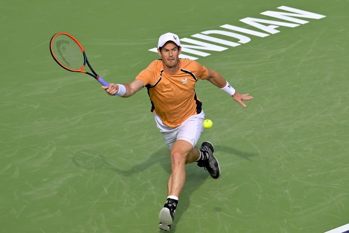 Mar 6, 2024; Indian Wells, CA, USA;  Andy Murray (GBR) hits a shot in his first round match against David Goffin (BEL) the BNP Paribas Open at the Indian Wells Tennis Garden.