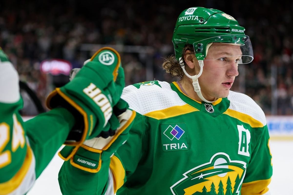 Mar 30, 2024; Saint Paul, Minnesota, USA; Minnesota Wild left wing Kirill Kaprizov (97) celebrates his power play goal against the Vegas Golden Knights during the second period at Xcel Energy Center.