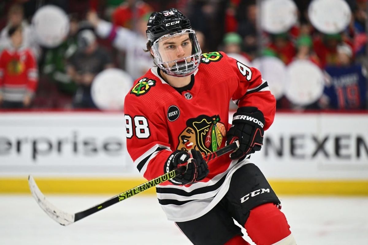 Mar 15, 2024; Chicago, Illinois, USA; Chicago Blackhawks forward Connor Bedard (98) warms up before a game against the Los Angeles Kings at United Center.