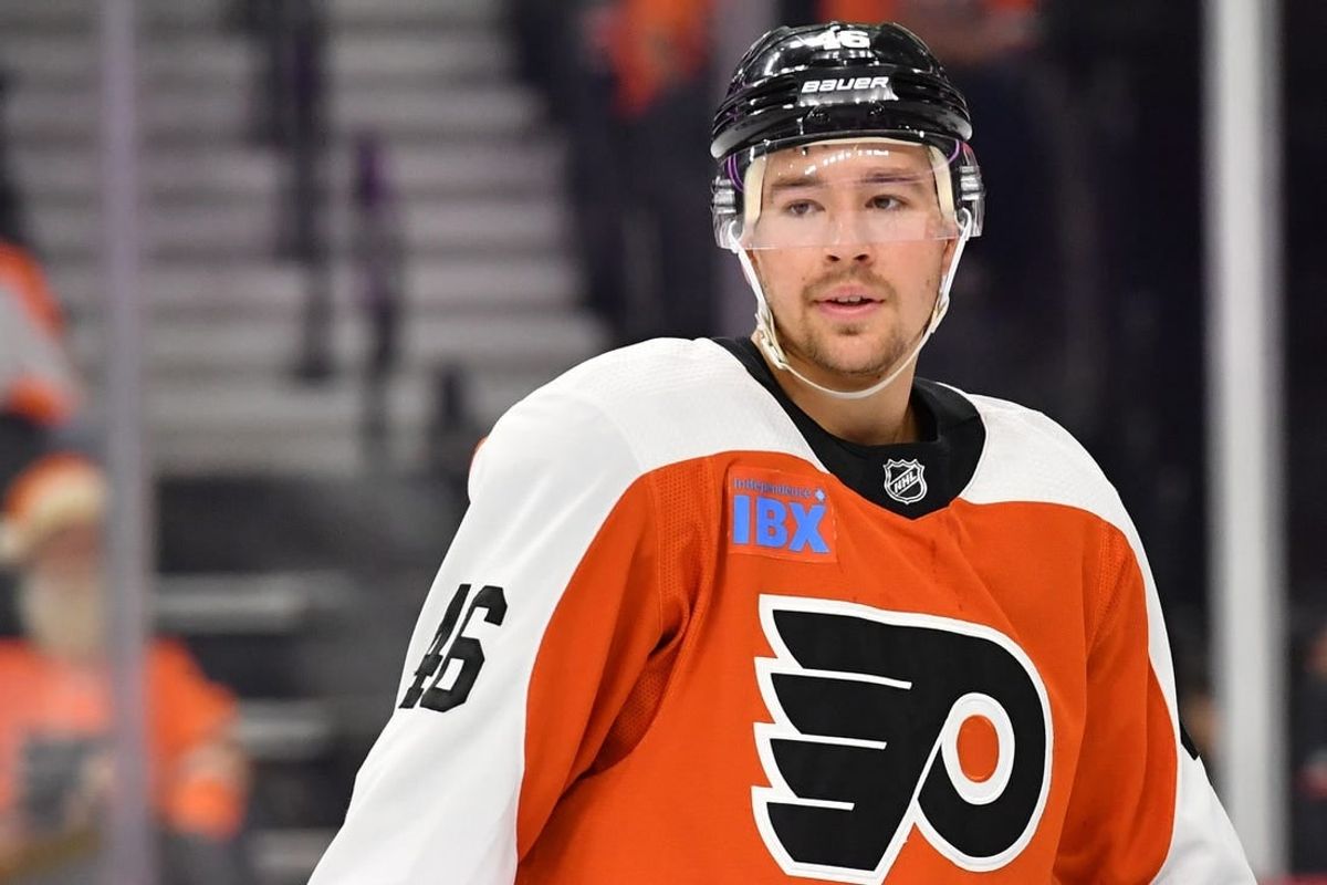 Oct 2, 2023; Philadelphia, Pennsylvania, USA; Philadelphia Flyers right wing Bobby Brink (46) against the Boston Bruins at Wells Fargo Center.