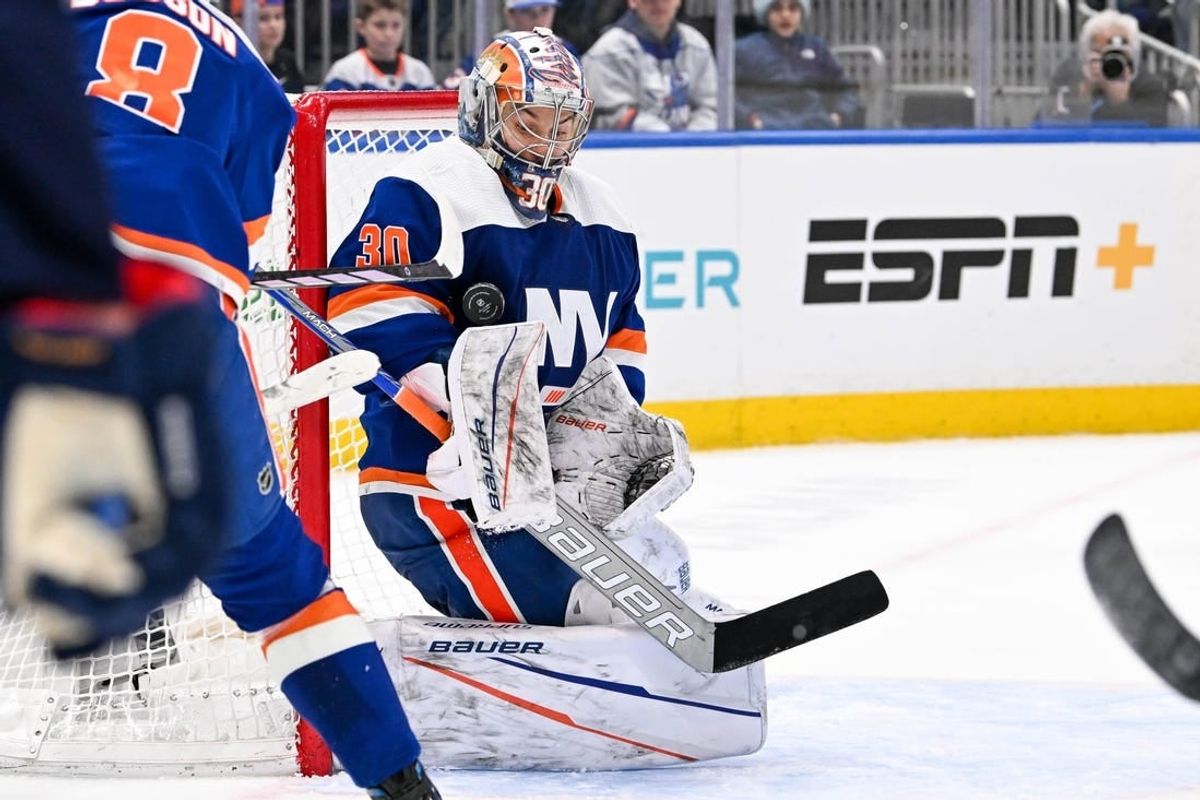 Mar 5, 2024; Elmont, New York, USA;  New York Islanders goaltender Ilya Sorokin (30) makes a save against the St. Louis Blues during the third period at UBS Arena.