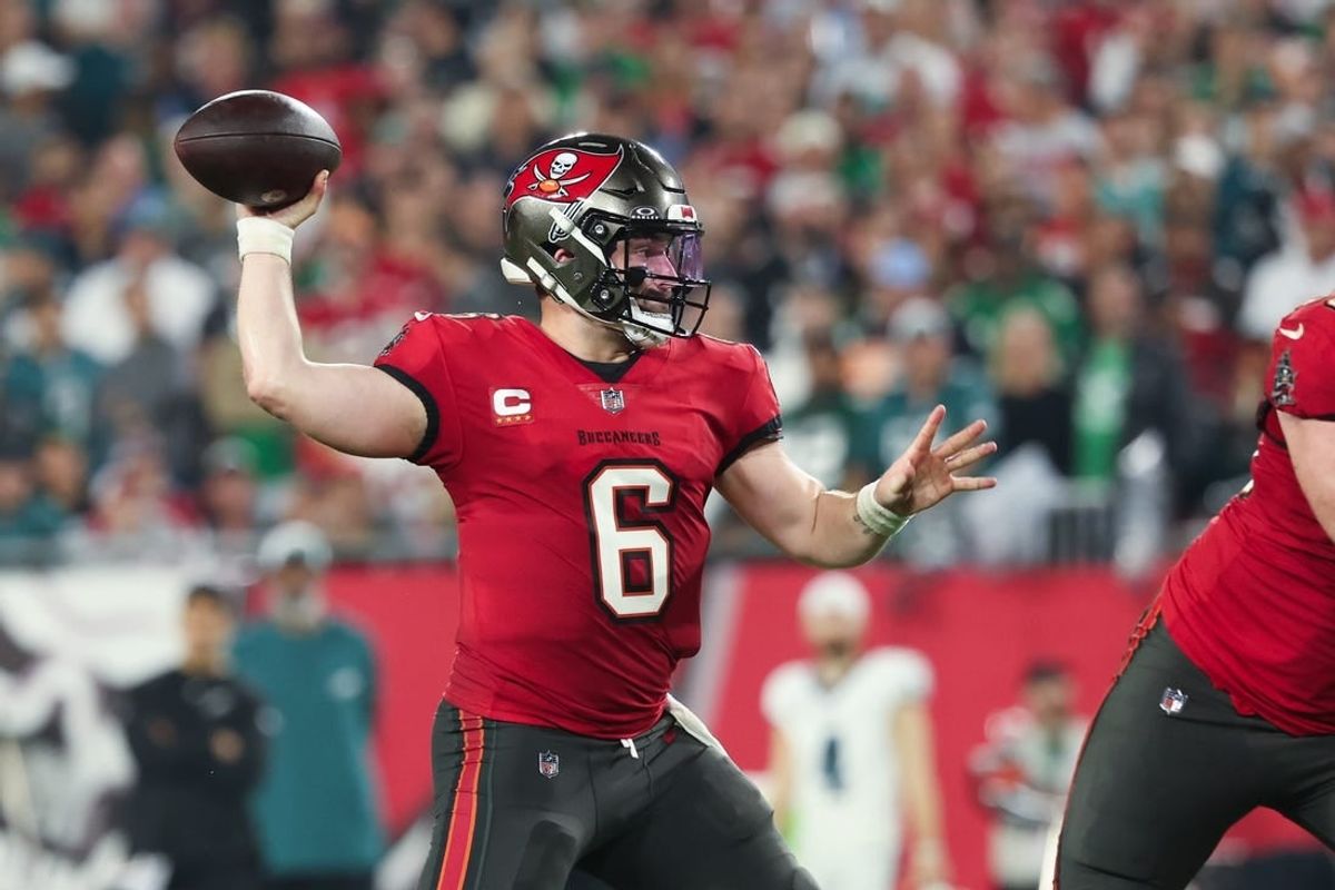 Jan 15, 2024; Tampa, Florida, USA; Tampa Bay Buccaneers quarterback Baker Mayfield (6) throws against the Philadelphia Eagles during the first half of a 2024 NFC wild card game at Raymond James Stadium.