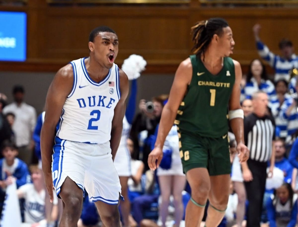 Dec 9, 2023; Durham, North Carolina, USA;  Duke Blue Devils guard Jaylen Blakes (2) reacts after hitting a three-point shot during the first half against the Charlotte 49ers at Cameron Indoor Stadium.