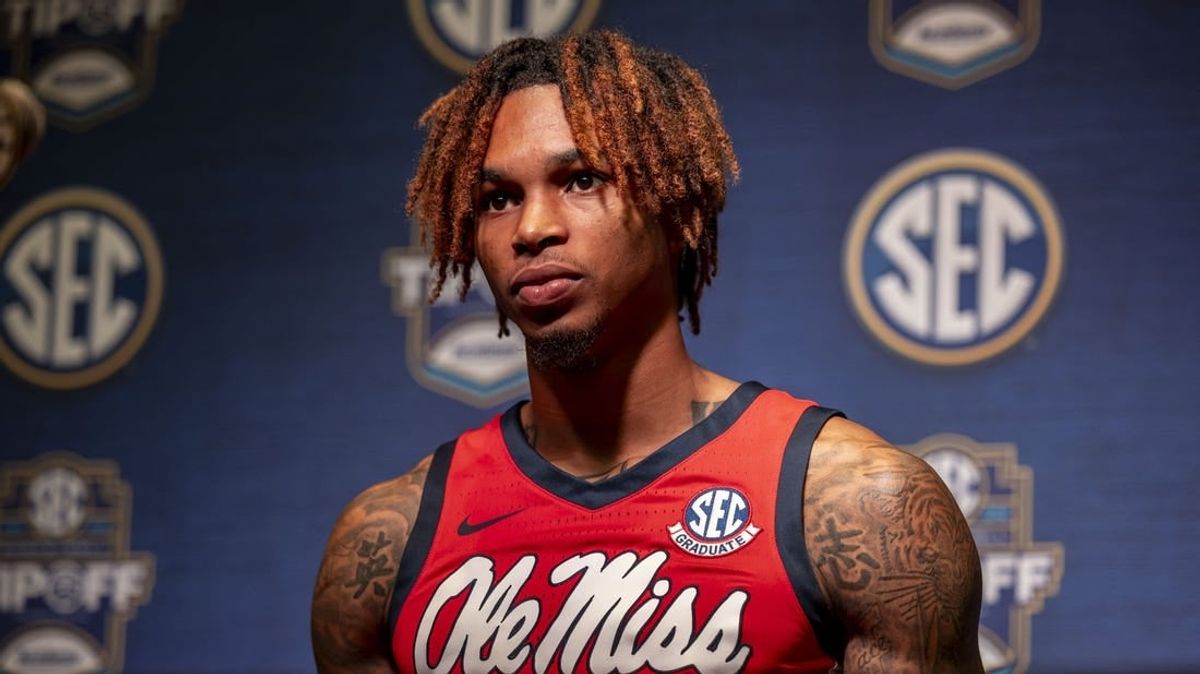 Oct 18, 2023; Brimingham, AL, USA; Mississippi Rebels guard Allen Flanigan talks with the media during the SEC Basketball Tipoff at Grand Bohemian Hotel Mountain Brook.
