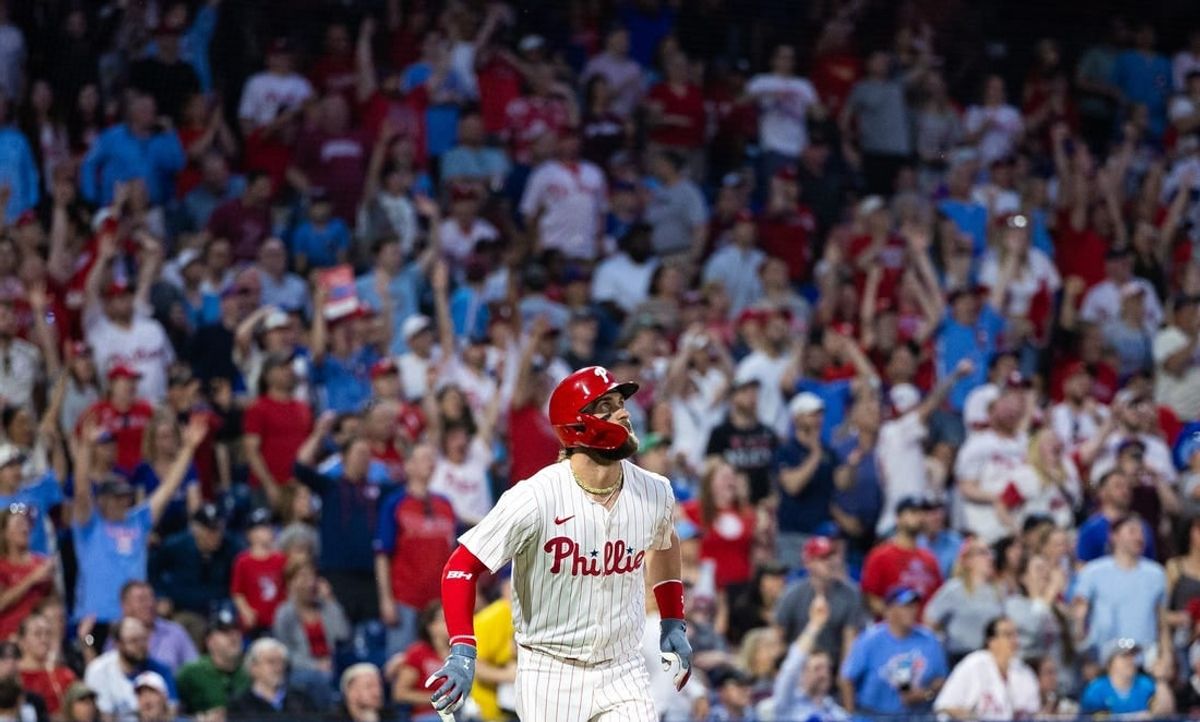 May 7, 2024; Philadelphia, Pennsylvania, USA; Philadelphia Phillies first base Bryce Harper (3) hits a Gand Slam home run during the fourth inning against the Toronto Blue Jays at Citizens Bank Park.