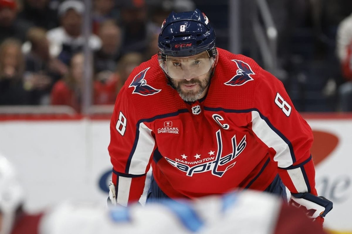 Feb 13, 2024; Washington, District of Columbia, USA; Washington Capitals left wing Alex Ovechkin (8) lines up for a face-off against the Colorado Avalanche in the third period at Capital One Arena.