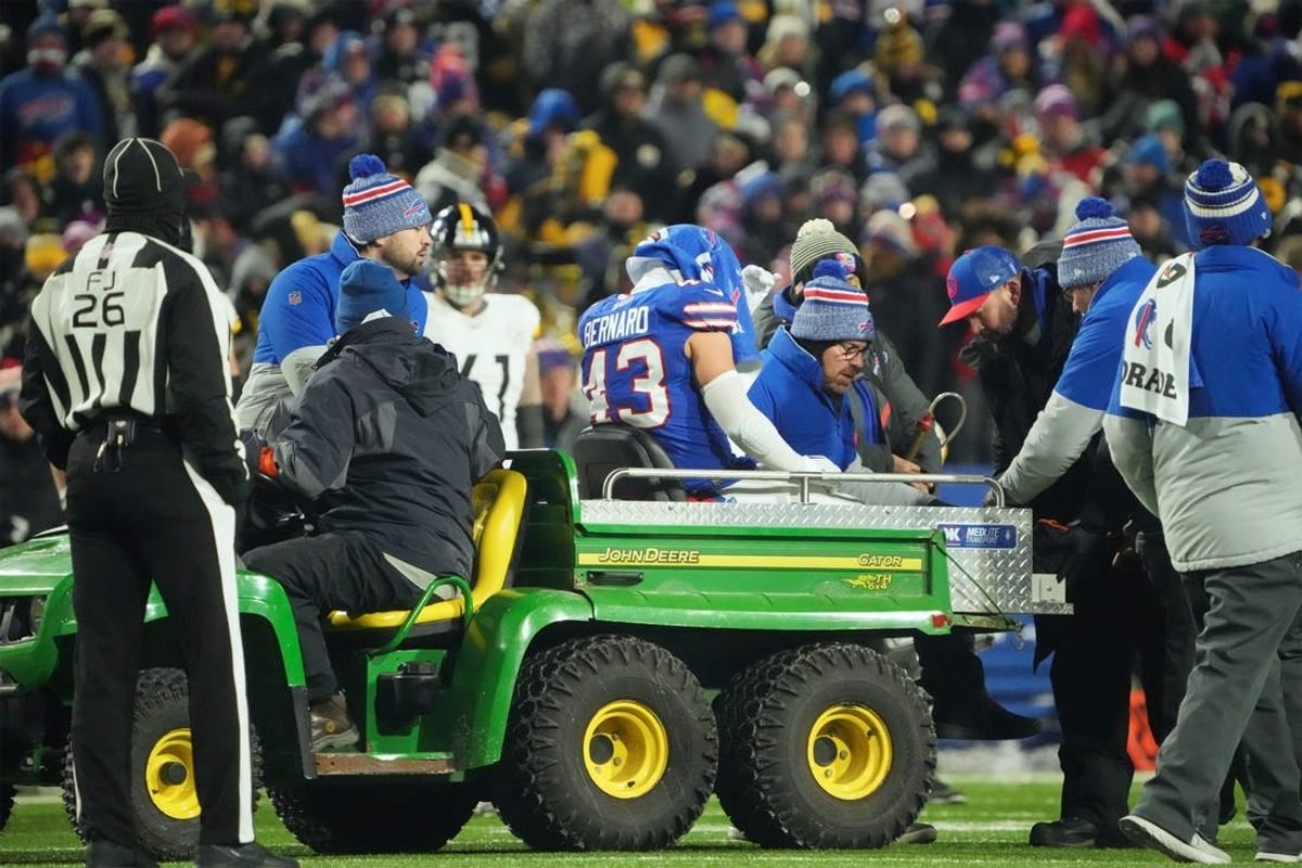 Jan 15, 2024; Orchard Park, New York, USA; Buffalo Bills linebacker Terrel Bernard (43) leaves the  after an apparent injury in the second half against the Pittsburgh Steelers in a 2024 AFC wild card game at Highmark Stadium.