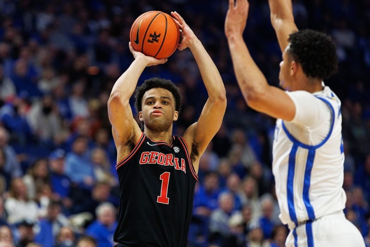 Jan 20, 2024; Lexington, Kentucky, USA; Georgia Bulldogs guard Jabri Abdur-Rahim (1) shoots the ball during the first half against the Kentucky Wildcats at Rupp Arena at Central Bank Center.