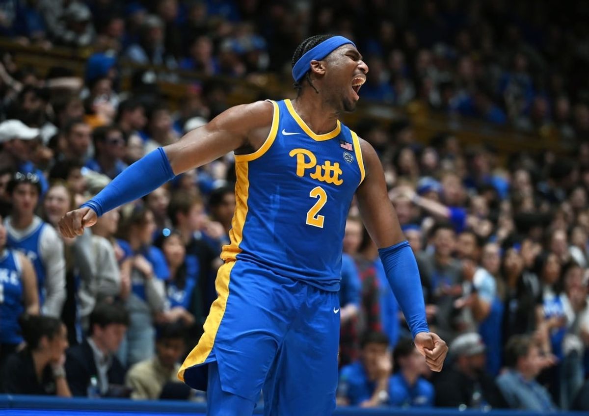 Jan 20, 2024; Durham, North Carolina, USA; Pittsburgh Panthers forward Blake Hinson (2) reacts during the second half against the Duke Blue Devils at Cameron Indoor Stadium. The Panthers won 80-76.
