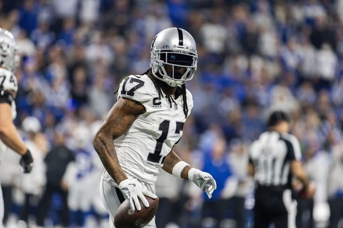 Dec 31, 2023; Indianapolis, Indiana, USA; Las Vegas Raiders wide receiver Davante Adams (17) celebrates his touchdown  in the second half  against the Indianapolis Colts at Lucas Oil Stadium.