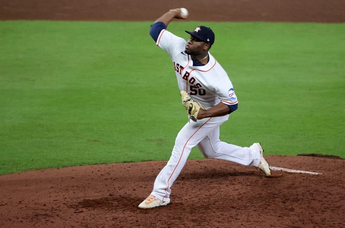 Oct 23, 2023; Houston, Texas, USA; Houston Astros pitcher Hector Neris (50) during the fourth inning of game seven in the ALCS against the Texas Rangers for the 2023 MLB playoffs at Minute Maid Park.