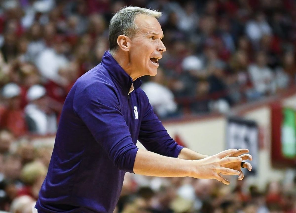 Feb 18, 2024; Bloomington, Indiana, USA;  Northwestern Wildcats head coach Chris Collins instructs his team against the Indiana Hoosiers during the second half at Simon Skjodt Assembly Hall.