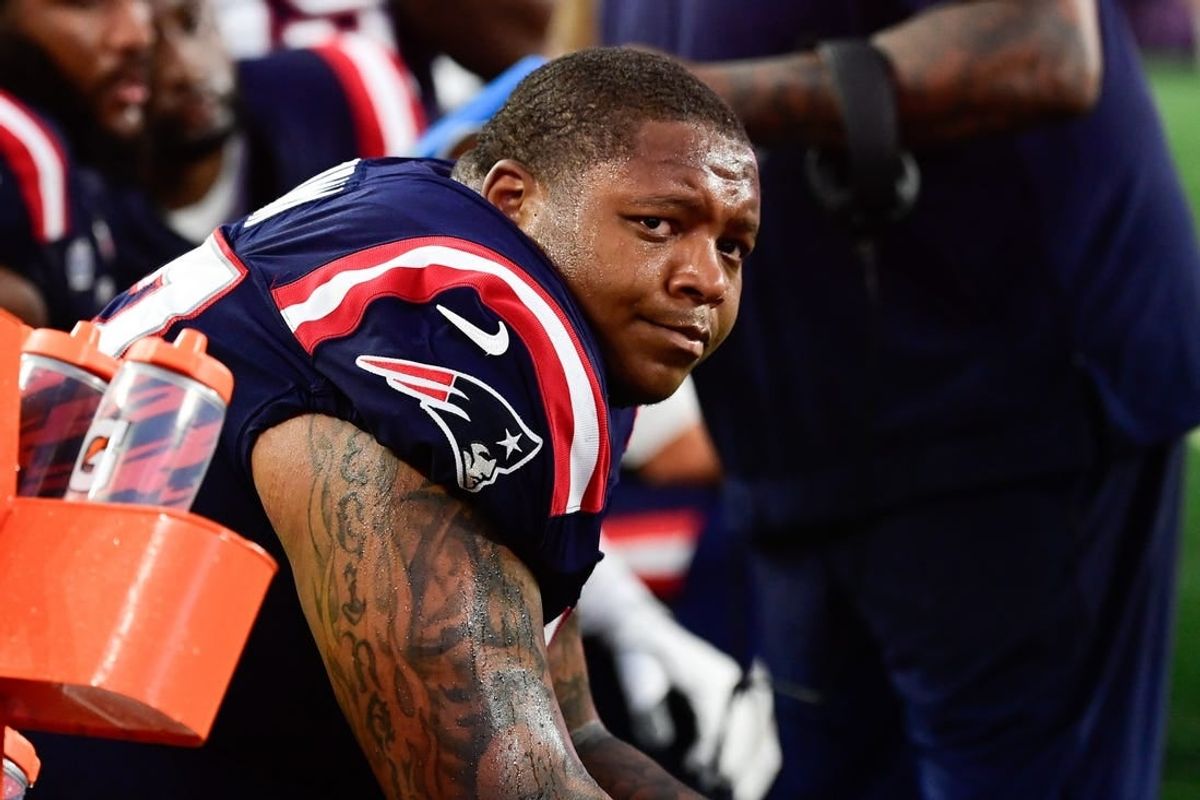 Sep 10, 2023; Foxborough, Massachusetts, USA; New England Patriots offensive tackle Trent Brown (77) sits on the bench during the second half against the Philadelphia Eagles at Gillette Stadium.