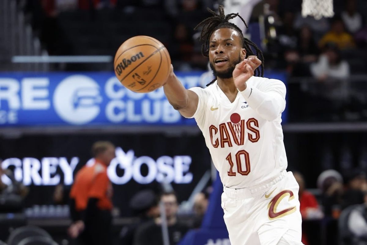 Mar 1, 2024; Detroit, Michigan, USA;  Cleveland Cavaliers guard Darius Garland (10) passes in the first half against the Detroit Pistons at Little Caesars Arena.