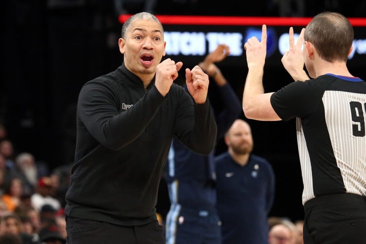 Jan 12, 2024; Memphis, Tennessee, USA; Los Angeles Clippers head coach Tyronn Lue reacts after a foul call during the second half against the Memphis Grizzlies  at FedExForum.