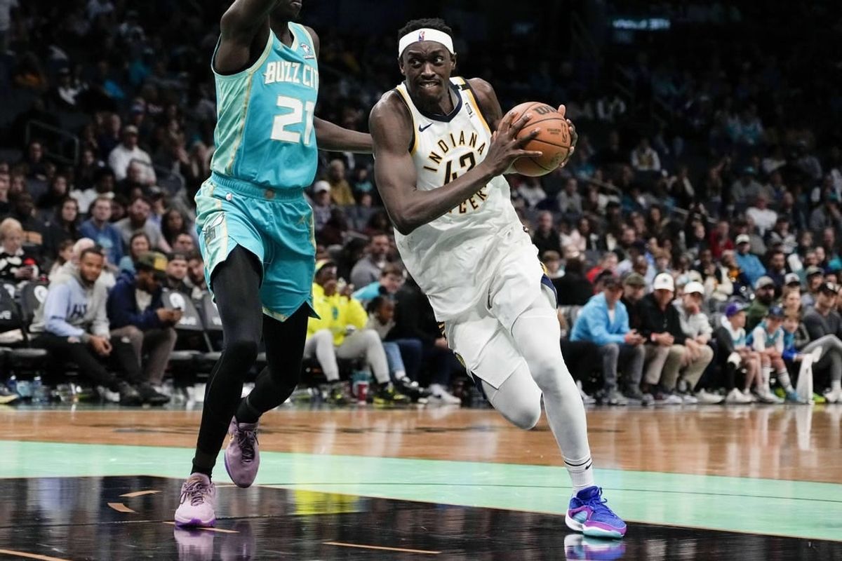 Feb 4, 2024; Charlotte, North Carolina, USA; Indiana Pacers forward Pascal Siakam (43) drives to the basket against Charlotte Hornets forward JT Thor (21) during the second half at Spectrum Center.