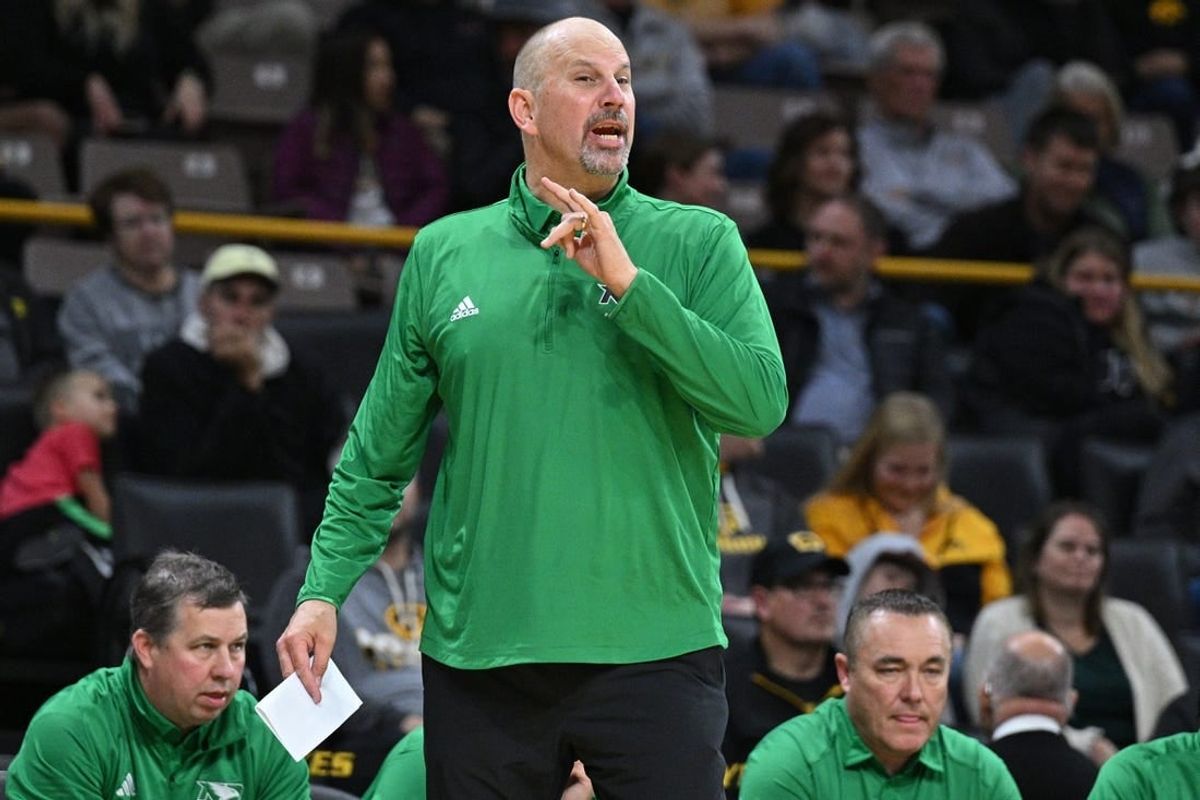 Nov 7, 2023; Iowa City, Iowa, USA; North Dakota Fighting Hawks head coach Paul Sather reacts during the first half against the Iowa Hawkeyes at Carver-Hawkeye Arena.