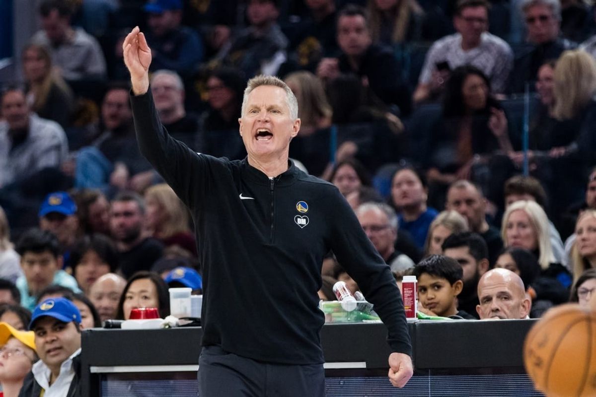 Feb 10, 2024; San Francisco, California, USA; Golden State Warriors head coach Steve Kerr reacts during the first half of the game against the Phoenix Sunsat Chase Center.