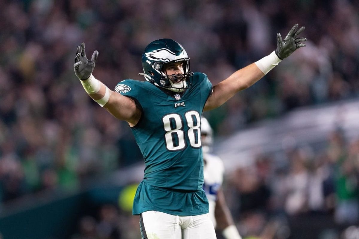 Nov 5, 2023; Philadelphia, Pennsylvania, USA; Philadelphia Eagles tight end Dallas Goedert (88) reacts to a touchdown against the Dallas Cowboys during the third quarter at Lincoln Financial Field.
