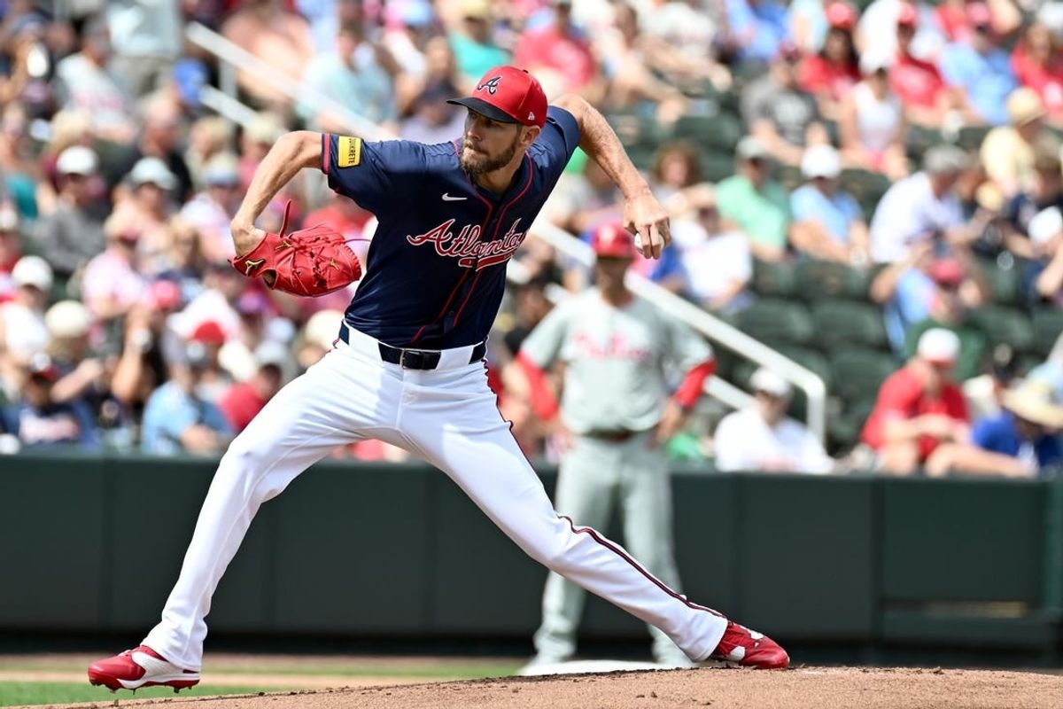 Mar 3, 2024; North Port, Florida, USA; Atlanta Braves pitcher Chris Sale (51) throws a pitch in the first inning of the spring training game against the Philadelphia Phillies  at CoolToday Park.