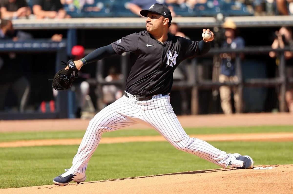 Feb 26, 2024; Tampa, Florida, USA;  New York Yankees starting pitcher Nestor Cortes (65) throws a pitch during the first inning against the Minnesota Twins at George M. Steinbrenner Field.