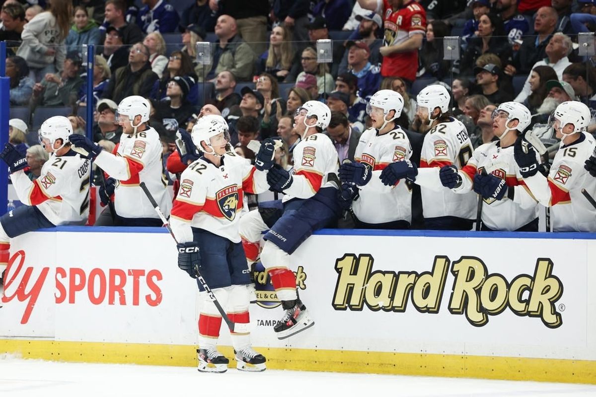 Feb 17, 2024; Tampa, Florida, USA;  Florida Panthers defenseman Gustav Forsling (42) celebrates after scoring a goal against the Tampa Bay Lightning in the first period at Amalie Arena.