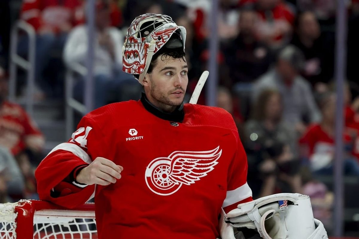 Apr 7, 2024; Detroit, Michigan, USA; Detroit Red Wings goaltender Alex Lyon (34) looks on in the third period against the Buffalo Sabres at Little Caesars Arena.