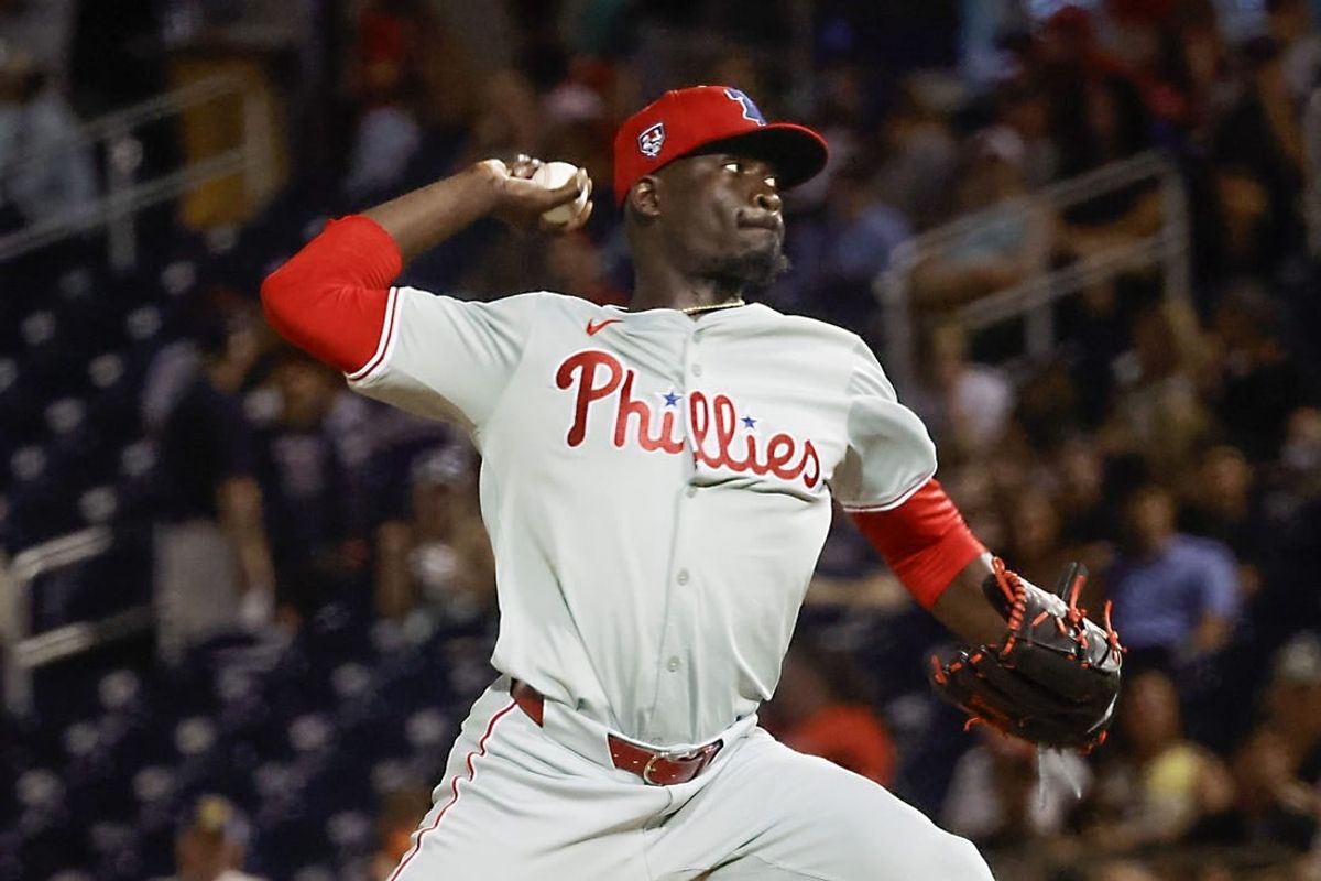 Mar 15, 2024; West Palm Beach, Florida, USA; Philadelphia Phillies relief pitcher Yunior Marte (43) throws a pitch during the ninth inning against the Philadelphia Phillies at The Ballpark of the Palm Beaches.