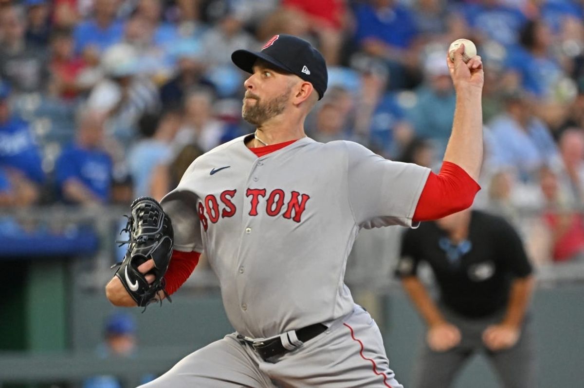 Sep 1, 2023; Kansas City, Missouri, USA;  Boston Red Sox starting pitcher James Paxton (65) delivers a pitch in the first inning against the Kansas City Royals at Kauffman Stadium.