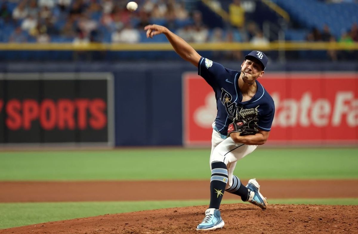 Sep 6, 2023; St. Petersburg, Florida, USA;  Tampa Bay Rays relief pitcher Robert Stephenson (26) throws a pitch against the Boston Red Sox during the seventh inning at Tropicana Field.