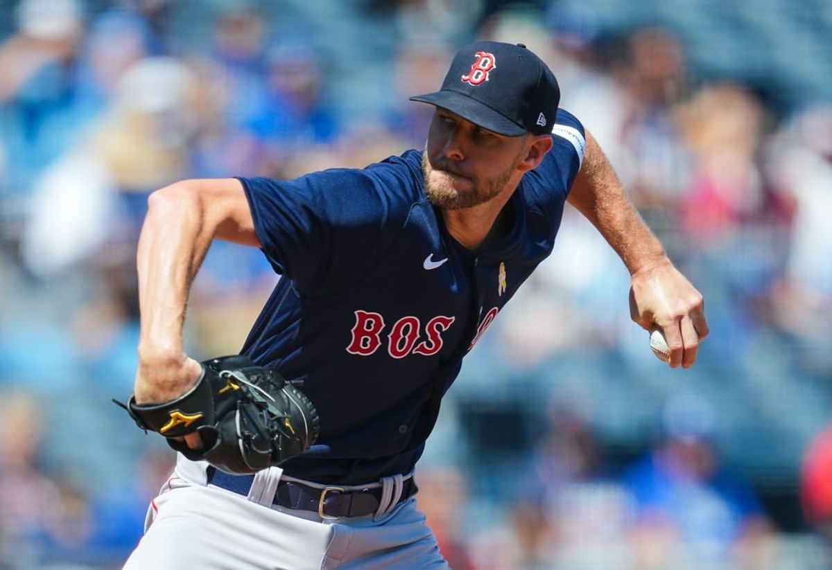 Sep 3, 2023; Kansas City, Missouri, USA; Boston Red Sox starting pitcher Chris Sale (41) pitches during the first inning against the Kansas City Royals at Kauffman Stadium.