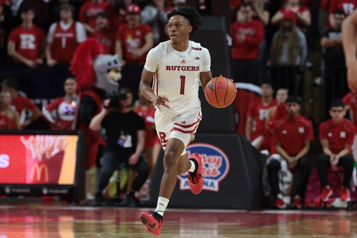 Nov 10, 2023; Piscataway, New Jersey, USA; Rutgers Scarlet Knights guard Jamichael Davis (1) dribbles up court  during the second half against the Boston University Terriers at Jersey Mike's Arena.