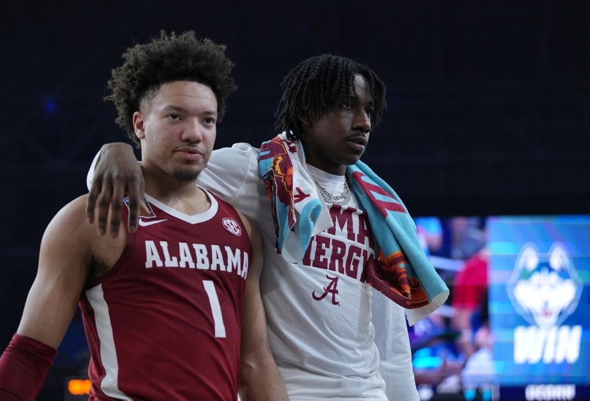 Apr 6, 2024; Glendale, AZ, USA;  Alabama Crimson Tide guard Mark Sears (1) walks off the court after losing against the Connecticut Huskies in the semifinals of the men's Final Four of the 2024 NCAA Tournament at State Farm Stadium.