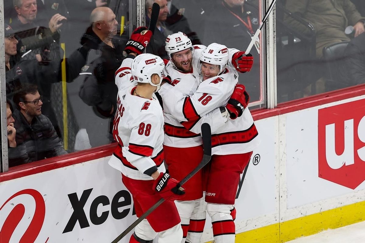 Feb 27, 2024; Saint Paul, Minnesota, USA; Carolina Hurricanes right wing Stefan Noesen (23) celebrates his goal against the Minnesota Wild during the third period at Xcel Energy Center.