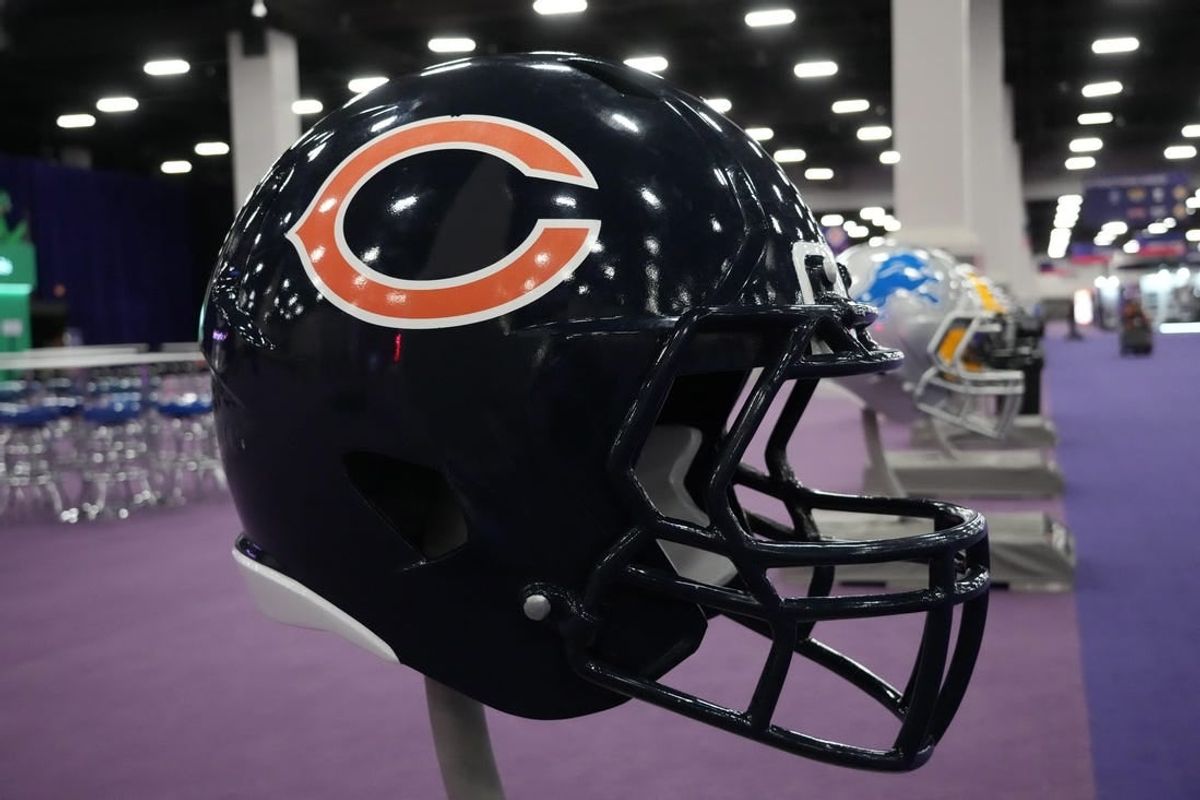 Feb 9, 2024; Las Vegas, NV, USA; A large Chicago Bears helmet at the NFL Experience at the Mandalay Bay South Convention Center.