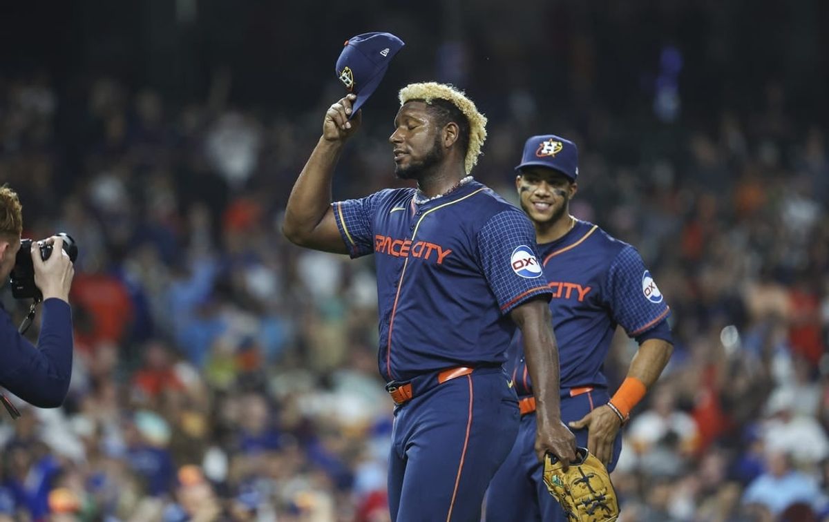 Apr 1, 2024; Houston, Texas, USA; Houston Astros starting pitcher Ronel Blanco (56) walks off the field after pitching a no-hitter against the Toronto Blue Jays at Minute Maid Park.